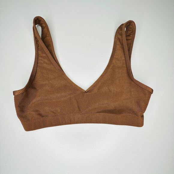 Weworewhat Brown V-Neck Form Fitting Stretch Pullover Ribbed Sports Bra Medium - Picture 2 of 13
